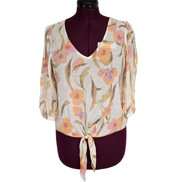 Women's Olivia & Martin Lightweight Floral V-Neck Front Tie Blouse - Size Medium - Picture 1 of 10